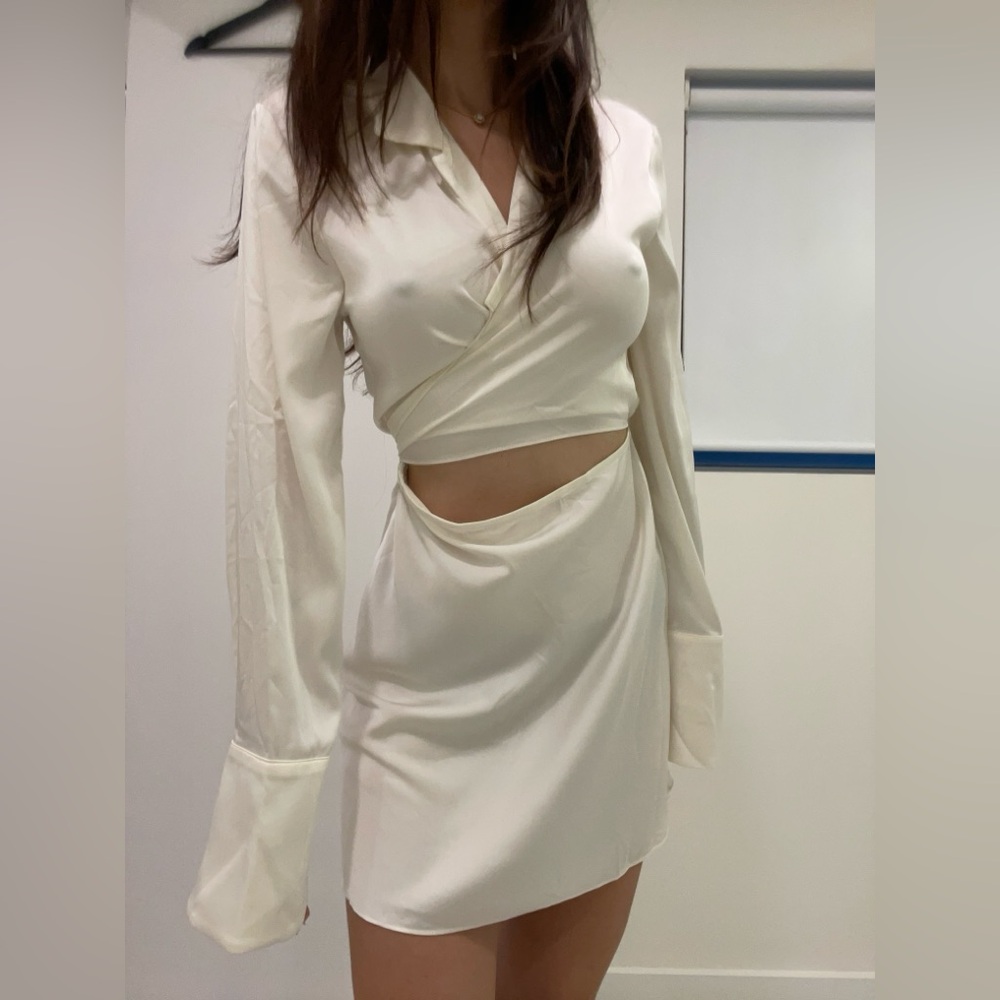 Beige botany satin long sleeve shirt mini dress